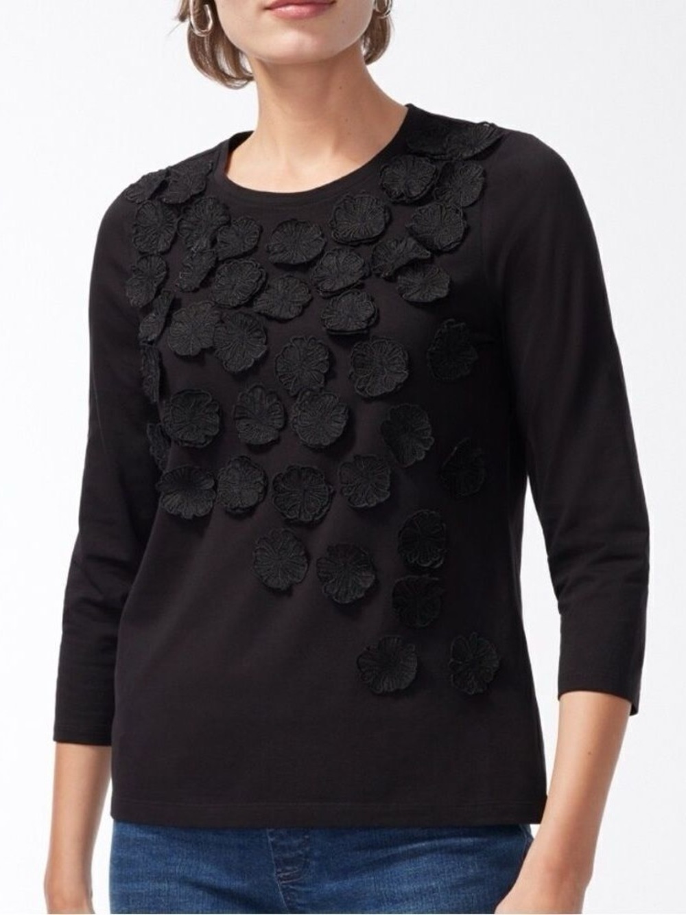 Chico's 3D Floral Appliqué 3/4 Sleeve Tee Shirt-Black-Women Size 2/US Large
